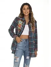 Women's Boho Shirt Floral Plaid Flower Casual Boho Long Sleeve Bishop Sleeve Shirt Collar Regular Tops Valentine's Day Work Daily Embroidered Blue Spring, Fall, Winter, Summer