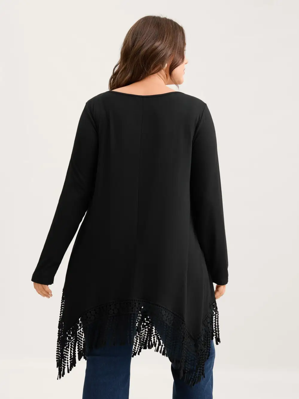 Solid Tassels Trim Pocket Asymmetrical Hem T-shirt
