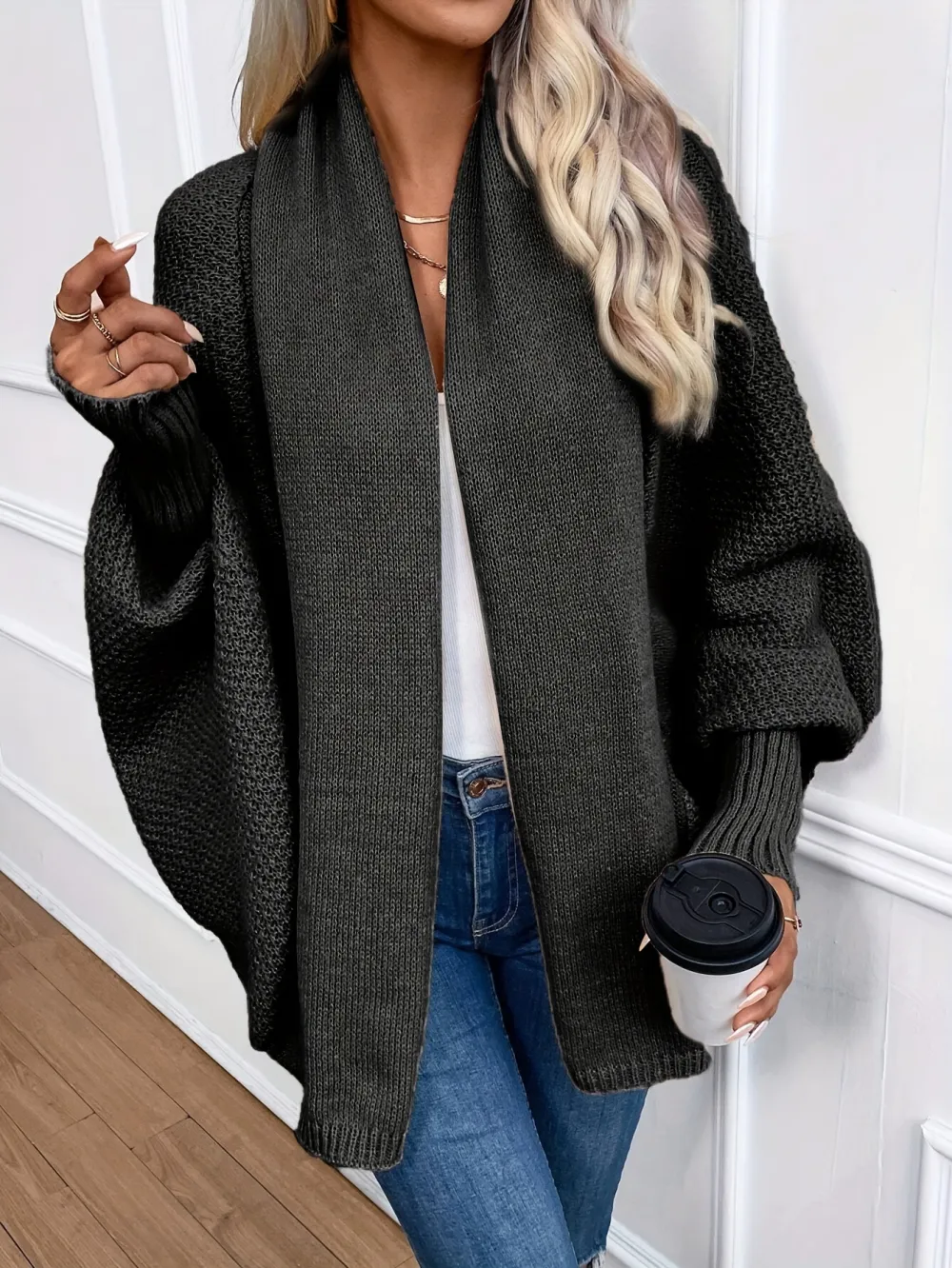 Cozy Solid Color Batwing Sleeve Cardigan - Women's Elegant Knitted Cardigan for Spring & Fall