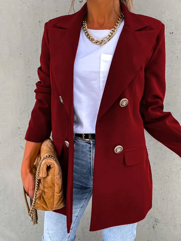 Women Casual Plain Autumn Natural Micro-Elasticity Daily Loose X-Line Regular Size Blazer