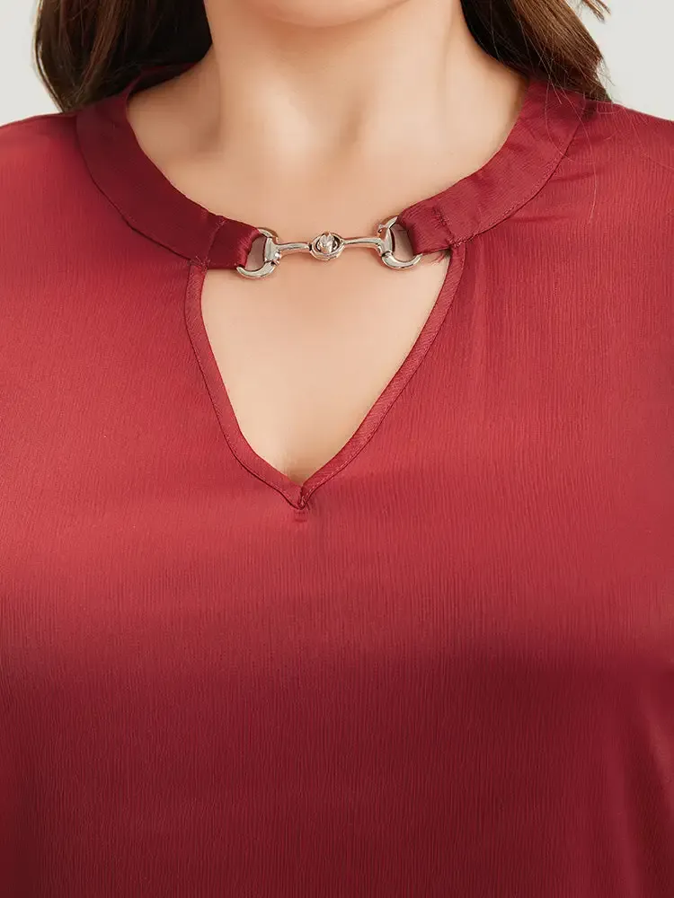 Anti-Wrinkle Plain Buckle Detail Neck Cut Out Blouse