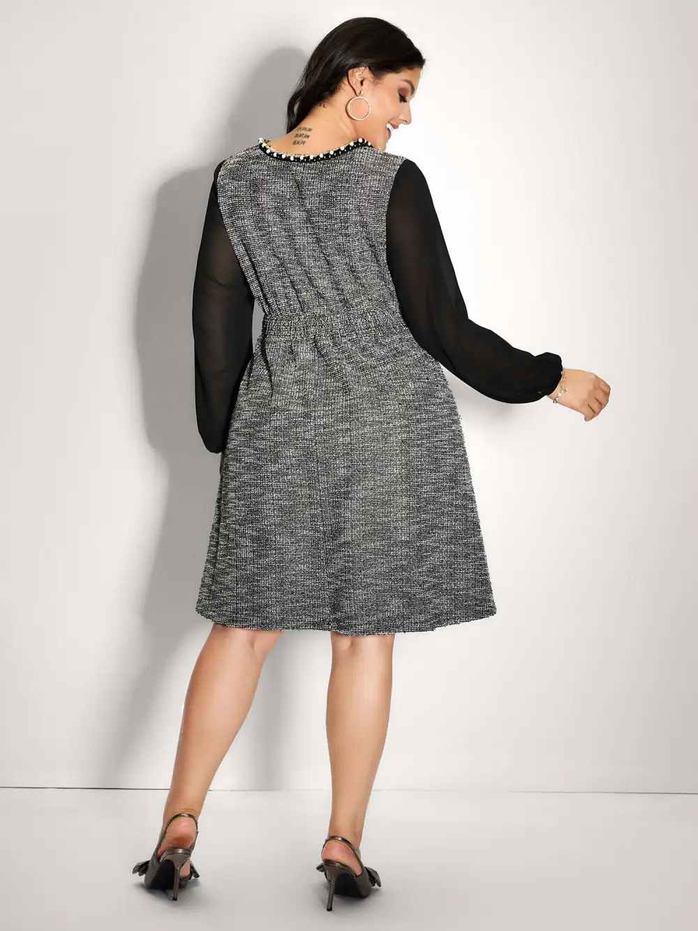 Tweed Pearl Collar Semi-Sheer Midi Dress