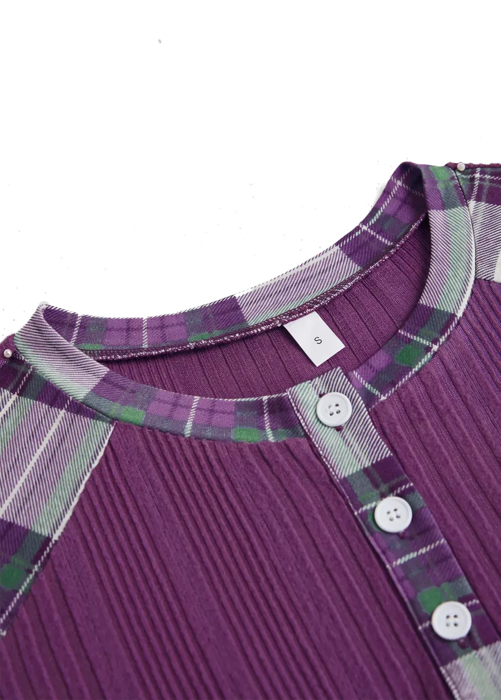 Purple Button Plaid Long Sleeve Split Neck Sweatshirt