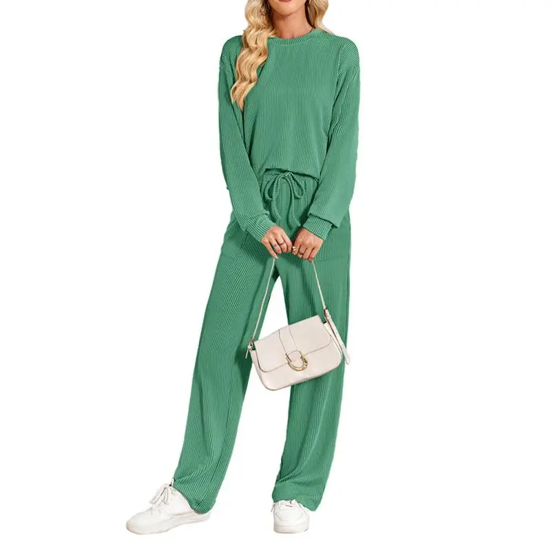 Women's 2-Piece Ribbed Knit Lounge Set – Long Sleeve Top & Pants, Summer Casual Matching Outfit