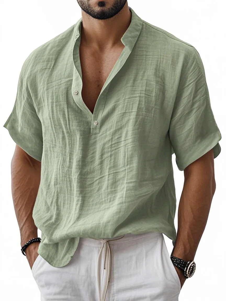 Men's Breathable Linen Henley Button Short Sleeve T-Shirt Henley Shirt