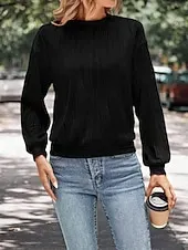 Women's Shirt Blouse Solid Color Basic Casual Long Sleeve Crew Neck Regular Tops Daily Patchwork Black White Beige Fall Winter