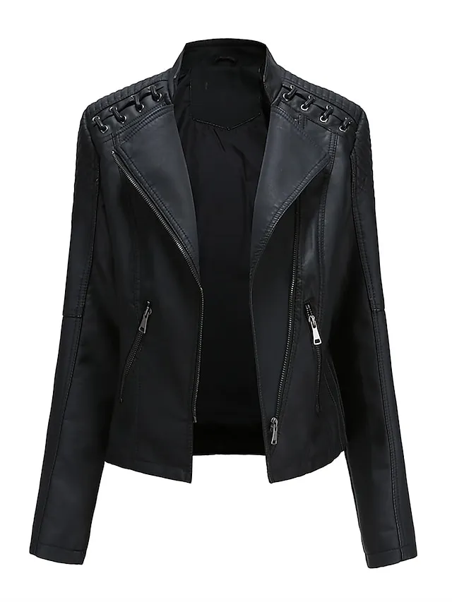 Women's  Faux Leather Jacket Moto Biker Jacket Fall Waterproof Windproof Coat Winter Zipper Lapel Modern Outerwear Long Sleeve Causal Vacation