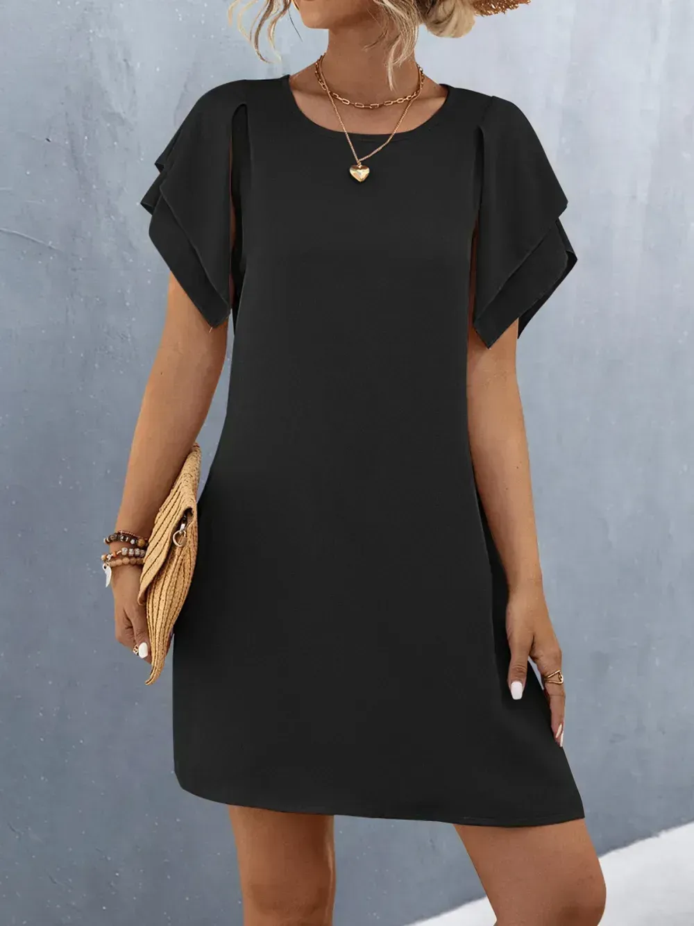 Women Plain Crew Neck Short Sleeve Comfy Casual Short Dress