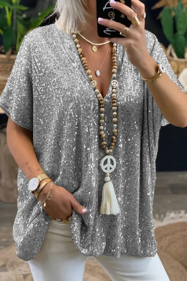 Sequins Short Sleeve V-Neck Blouse