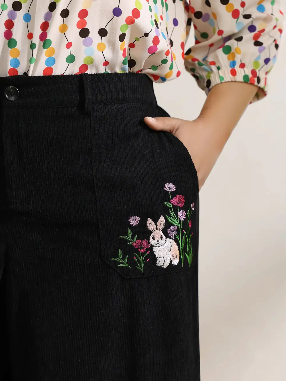 Floral Embroidery Wide-Leg Pants