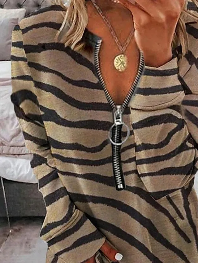 Women's Sweatshirt Pullover Active Quarter Zip Brown Striped Casual Sports V Neck Long Sleeve Top Micro-elastic Fall & Winter