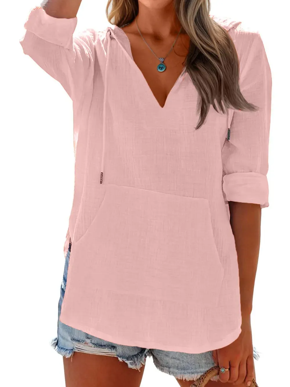 ✨Women's Long Sleeve V Neck Pocketed Hooded Shirt Top