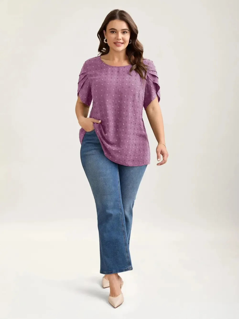 Textured Color Contrast Petal Sleeve Blouse