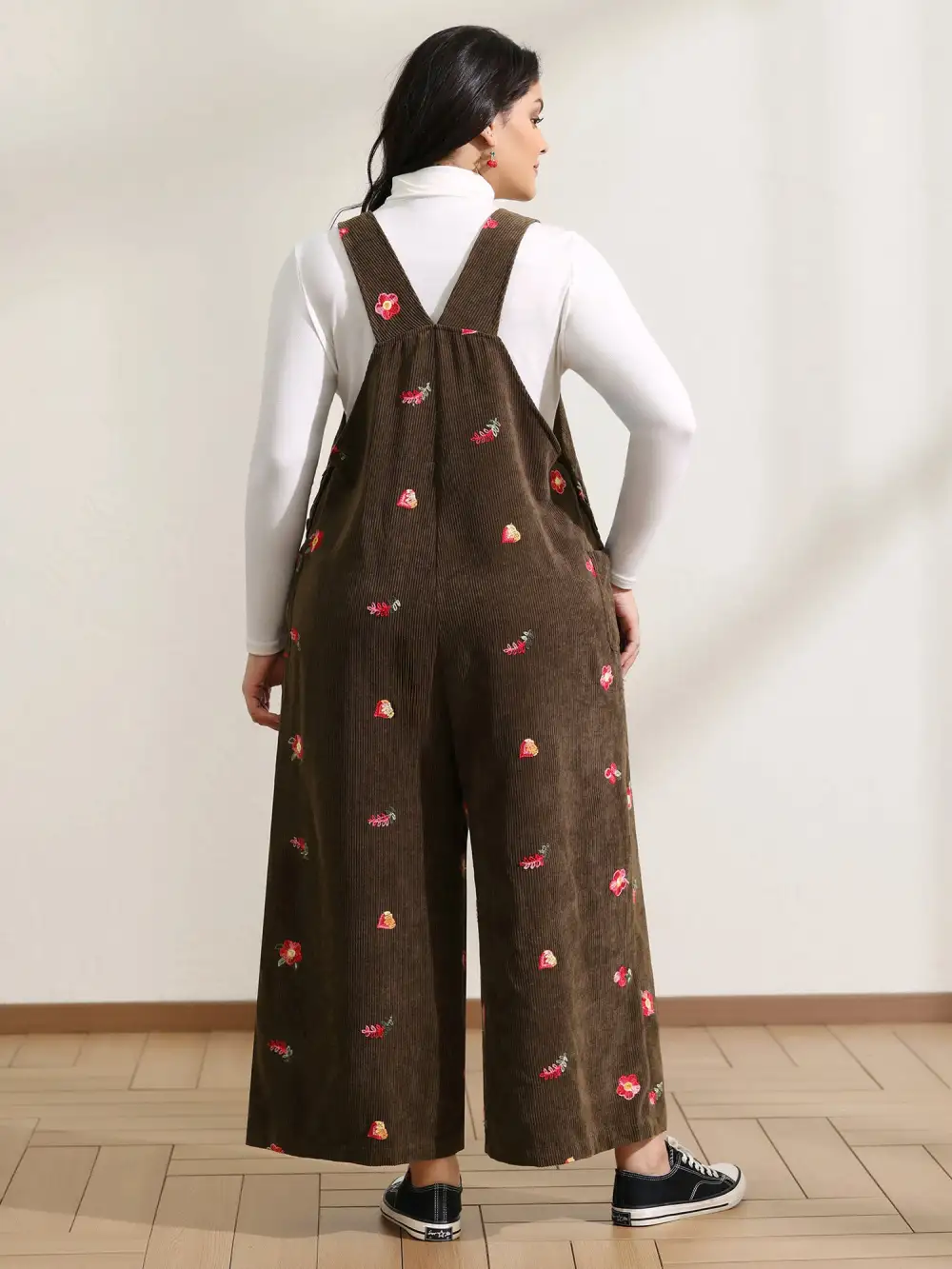 Corduroy Embroidered Patch Pocket Overall Jumpsuit