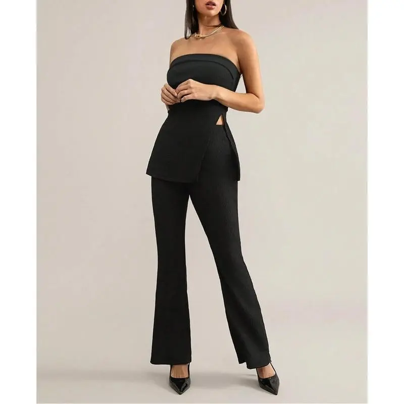 Women's Summer Two-Piece Set – Strapless Top & High-Slit Flare Pants, Casual Resort Outfit