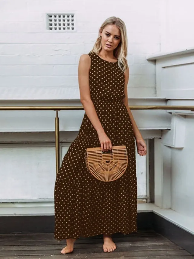 Women's Casual Dress Swing Dress Boho Dress Maxi long Dress Black Yellow Navy Blue Sleeveless Polka Dot Ruched Summer Spring Fall Crew Neck Fashion Birthday Vacation Summer Dress 2023 S M L XL XXL