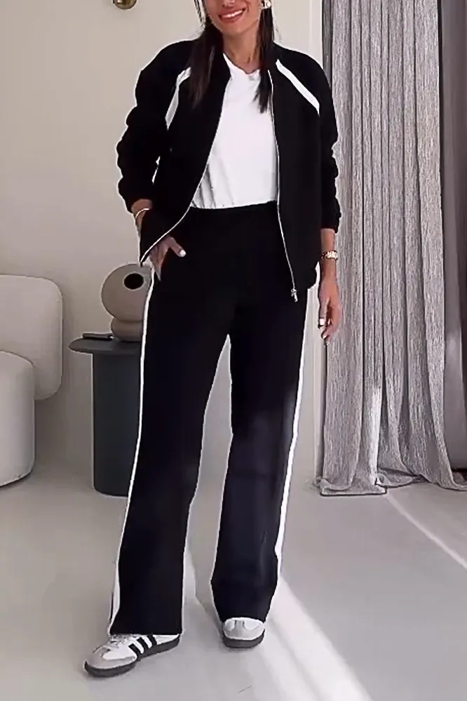Women's contrast color zipper cardigan jacket & pants two-piece set