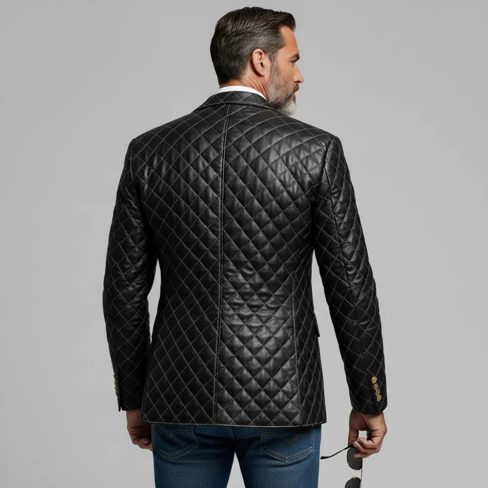 Men's Business Black Notch Lapel Long Sleeve Button Quilted PU Leather Blazer