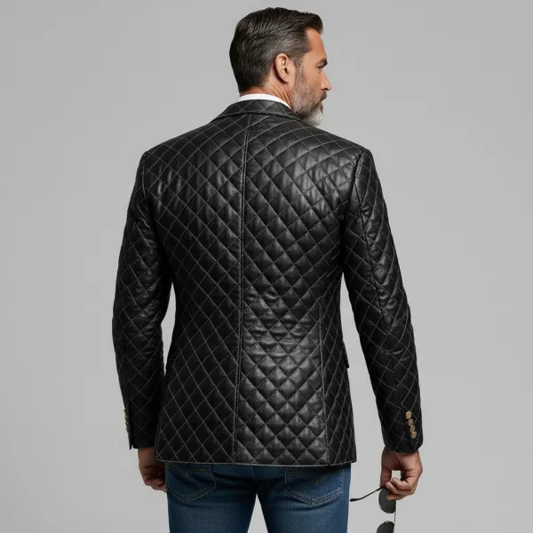 Men's Business Black Notch Lapel Long Sleeve Button Quilted PU Leather Blazer
