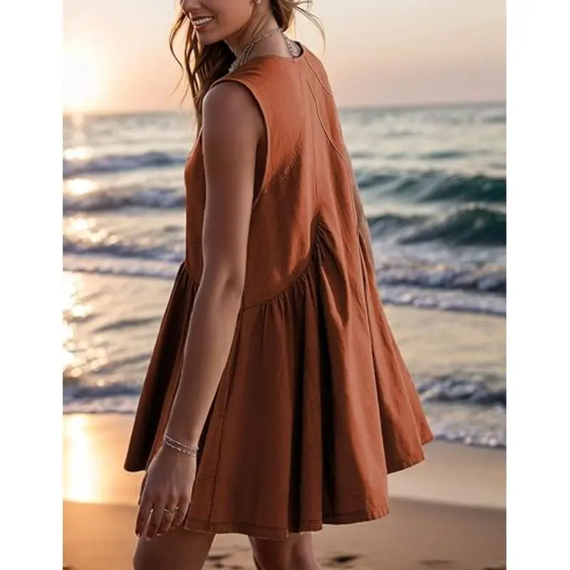 Womens Summer Sleeveless Mini Dress Casual Loose V Neck Sundress with Pockets