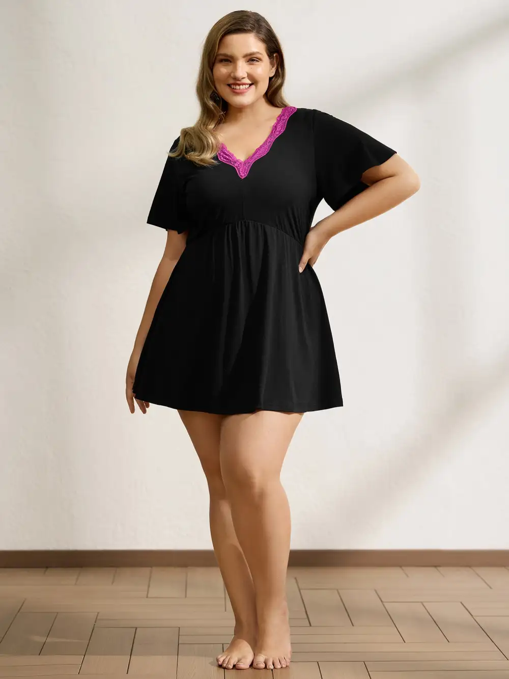 Lace High-Waist Flutter Sleeve Sleep Dress