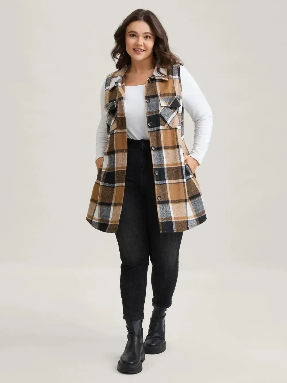Plaid Flap Detail Sleeveless Jacket