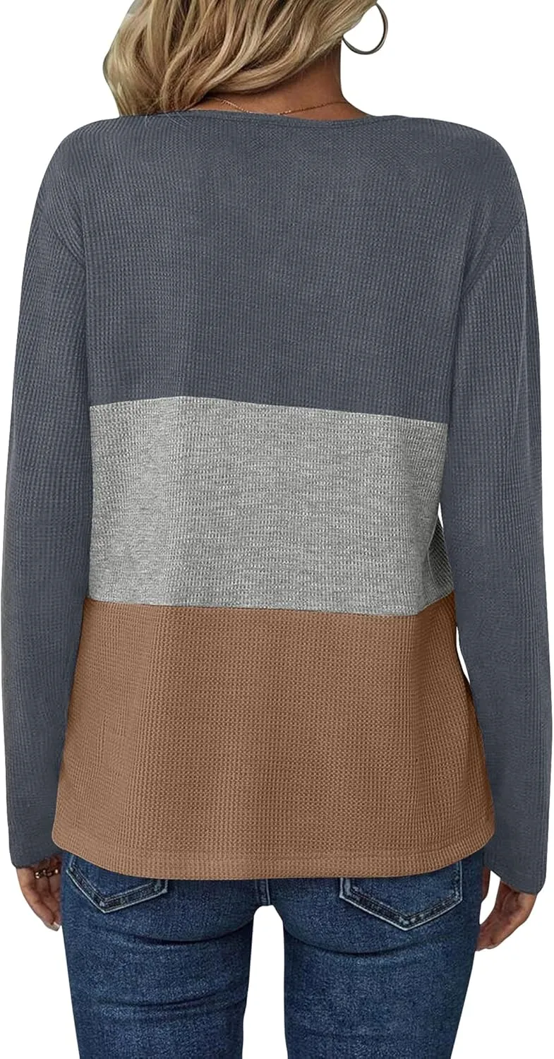Women's Waffle Shirts V Neck Long Sleeve Tops Color Block T-Shirts Casual Tunics 2024 Fashion Basic Tees