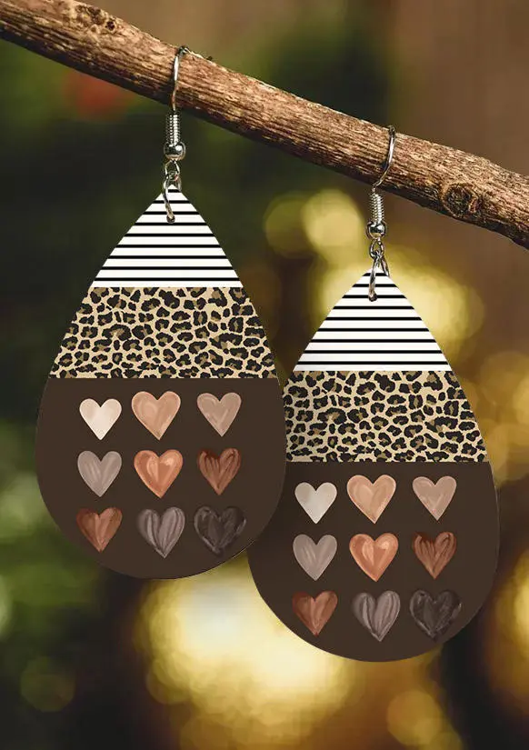 Leopard Striped Heart Water Drop Earrings