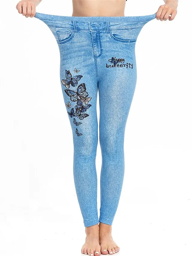 Women's Slim Pants Trousers Leggings Faux Denim Butterfly Pocket Print Full Length High Elasticity High Waist Fashion Streetwear Street Causal Lake Blue Royal Blue S M Summer Fall