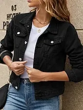 Women's Denim Jacket Comfortable Pocket Buttons Casual Plain Holiday Weekend Single Breasted Regular Turndown Regular Fit Long Sleeve Outerwear Black White Yellow Fall