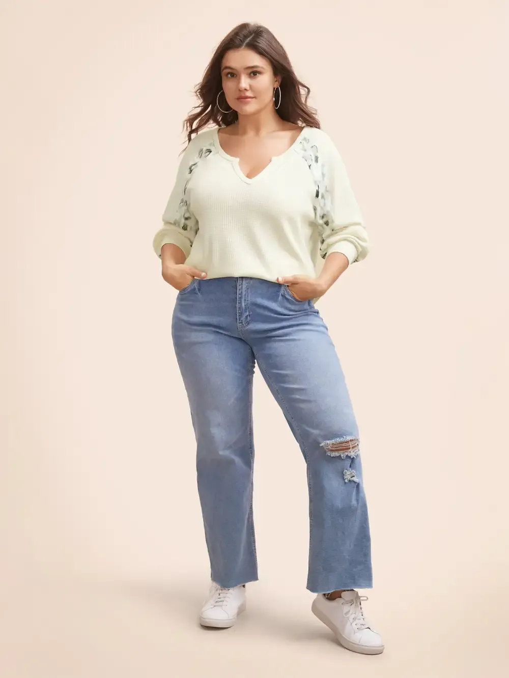 Waffle Knit Patchwork Leopard Print Sweatshirt