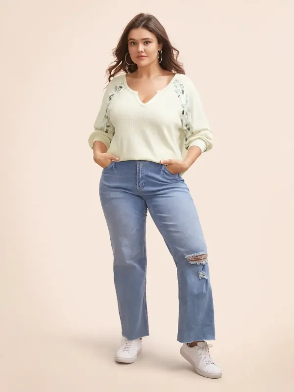 Waffle Knit Patchwork Leopard Print Sweatshirt