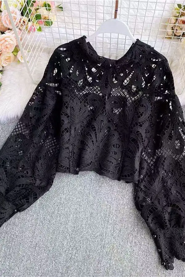 Hollow-Out Lace Irregular Blouse