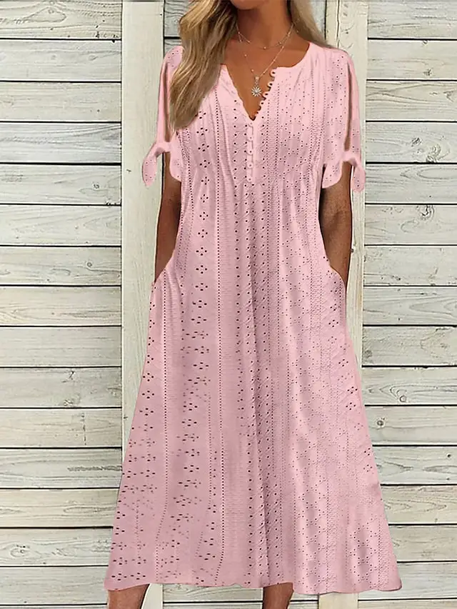 Plain Lace Ruched V Neck Midi Dress