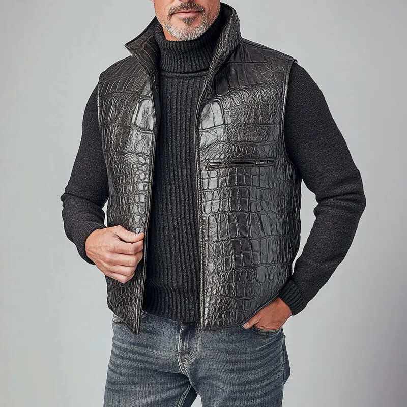 Men's Vintage Alligator Pattern Stand Collar Sleeveless PU Leather Vest
