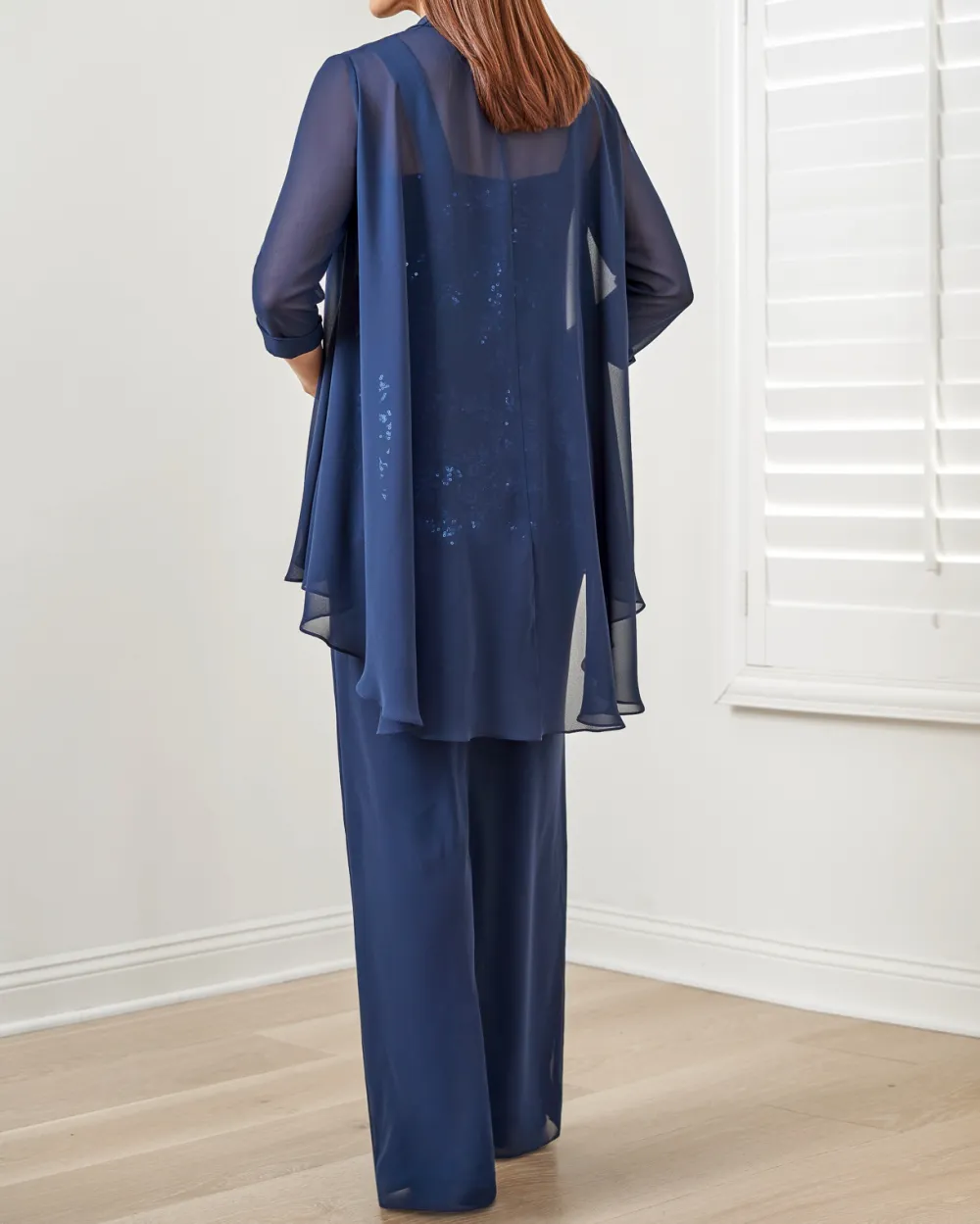 Suit Sequined Chiffon Embroidered Top + Chiffon Long Pants