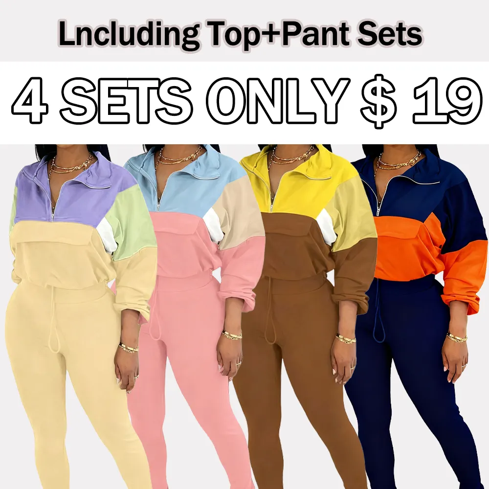 Women's Knit Zip Top Jacket & Elastic Waistband Pant Tracksuit Sets 2-Piece