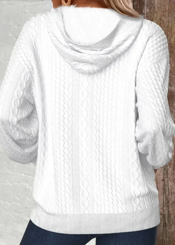 White Zipper Long Sleeve V Neck Hoodie
