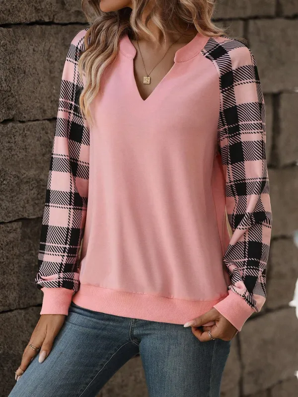 Plaid Raglan Sleeve Notched Neckline Sweatshirt