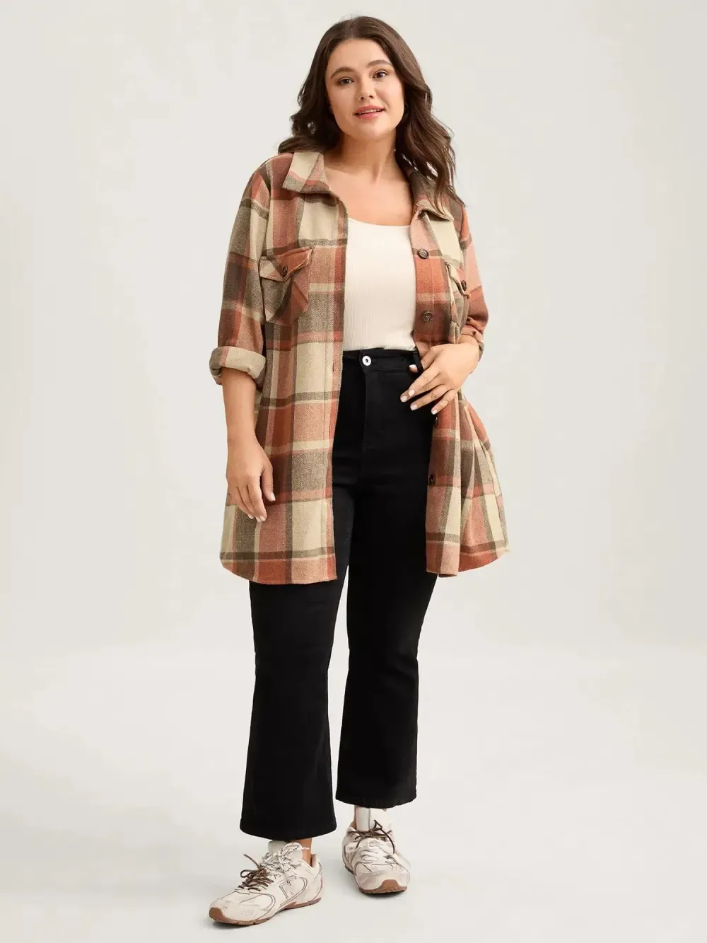 Plaid Chest Pockets Long Jacket