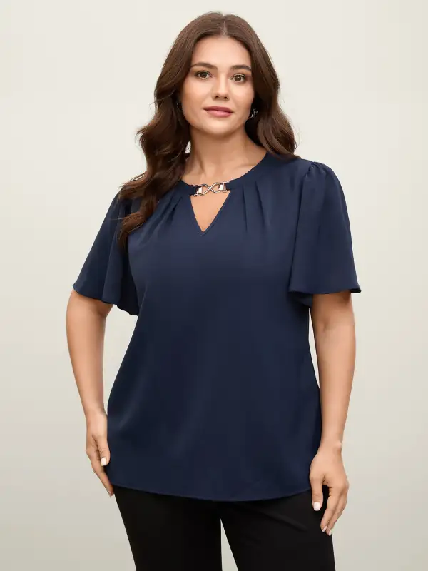 Metal Clasp Neckline Lotus Leaf Sleeve Blouse