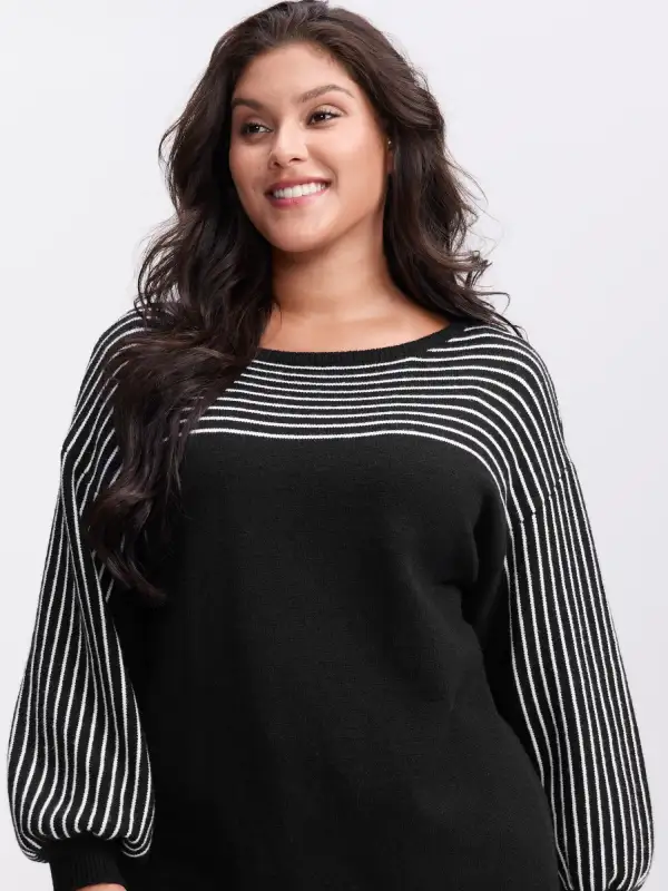 Stripe Boat Neck Balloon Sleeve Pullover