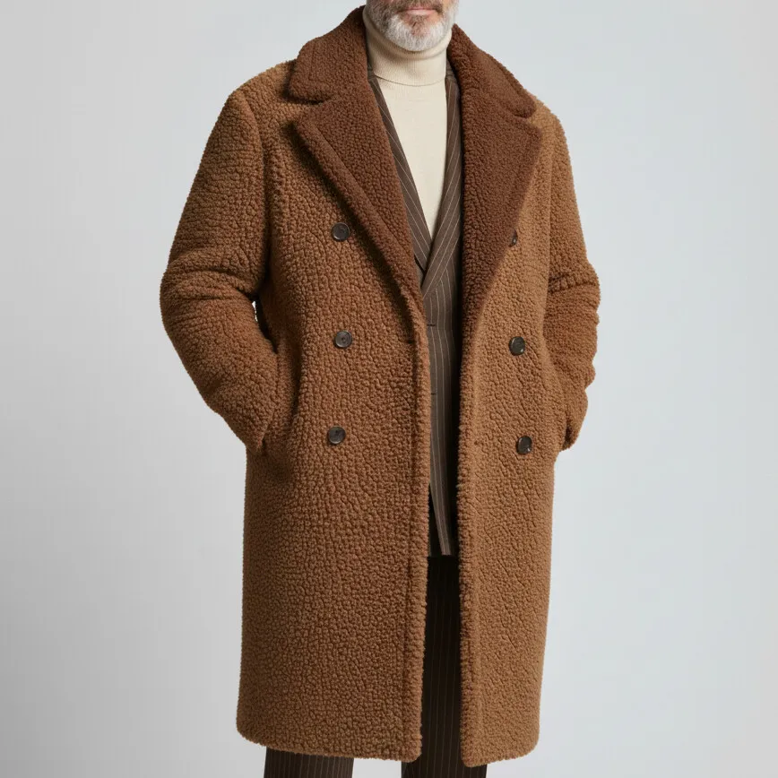 Men's Brown Notched Lapel Double Breasted Long Sleeve Pockcets Plush Overcoat