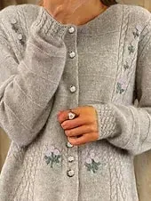 Women's Sweater Cardigan Crew Neck Cable Knit Embroidered Buttons Knitted Drop Shoulder Spring Fall Home Daily Holiday Vintage Daily Soft Long Sleeve Floral Pure Color Camel Beige