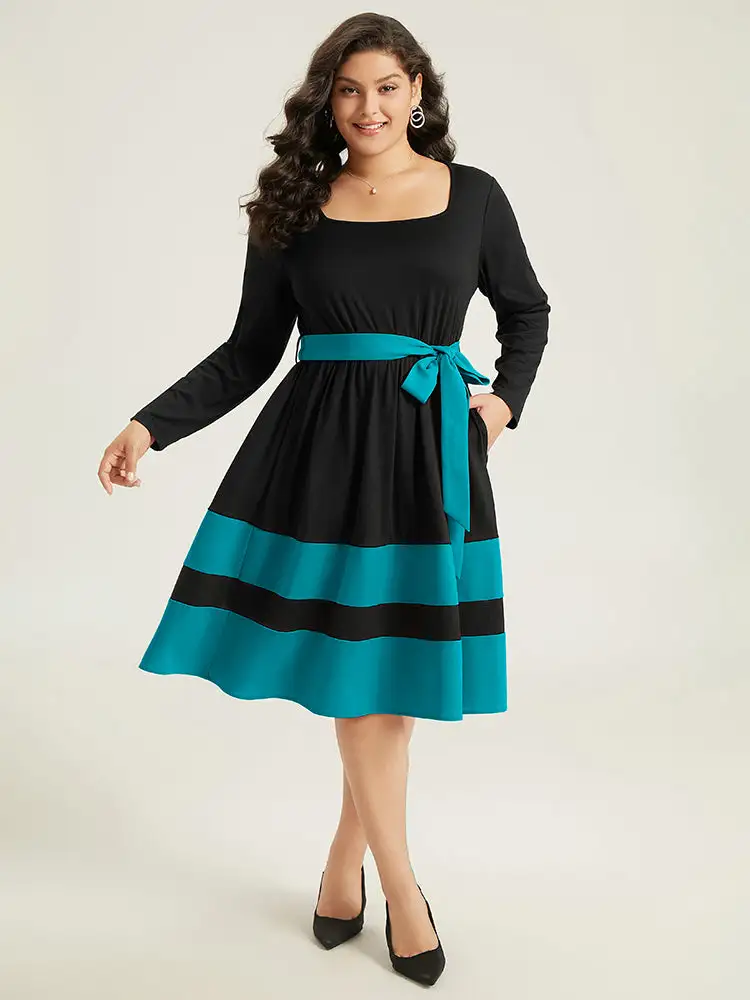 Two Tone Belted Bowknot Square Neck Dress
