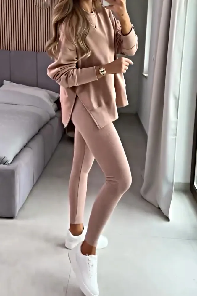 Women's solid color side slit round neck top and slim fit pants two-piece set