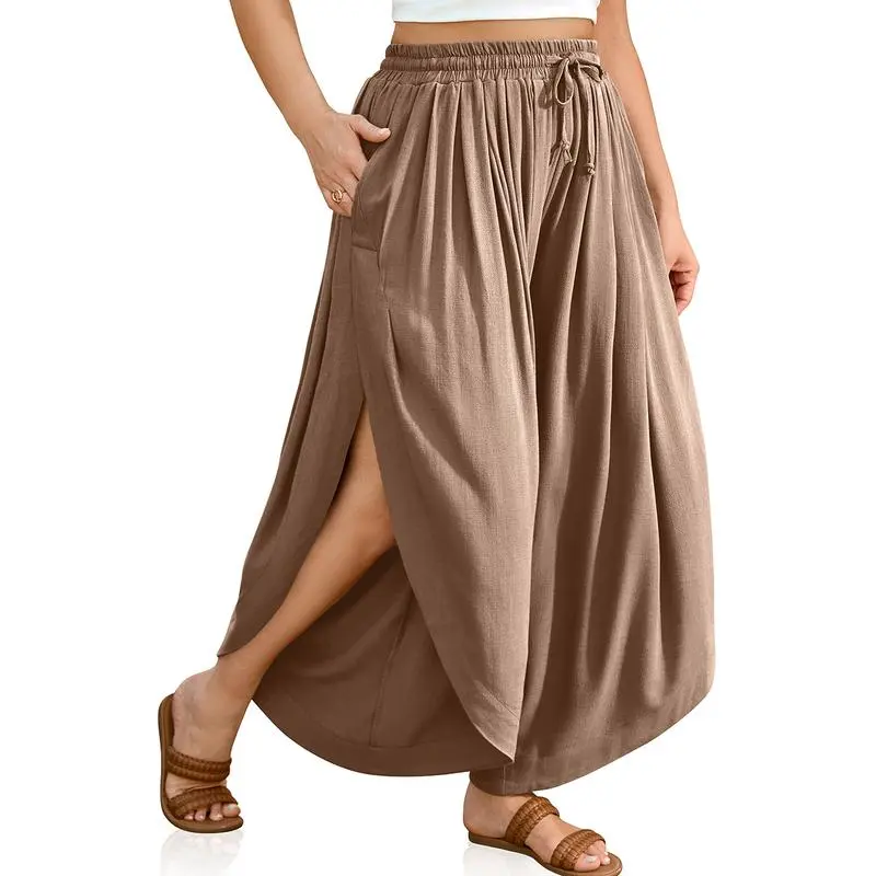 Women’s Linen Split Skirt Pants-High Waist, Wide-Leg, Boho Beachwear