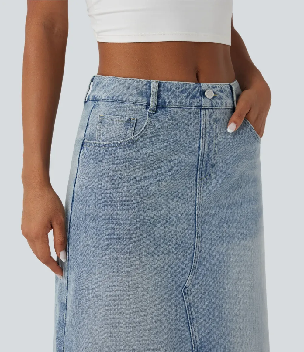 Halara FlexTM Mid Rise Contrast Leopard Mesh Midi Denim Casual A-line Skirt with Pockets