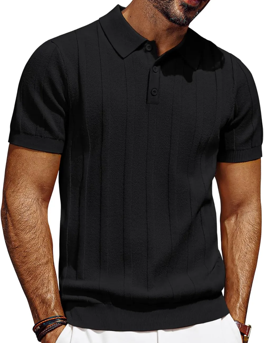 CLEARANCE SALE🔥Mens Polo Shirts Short Sleeve Textured Knit Polo Shirt Ribbed Casual Golf Shirts