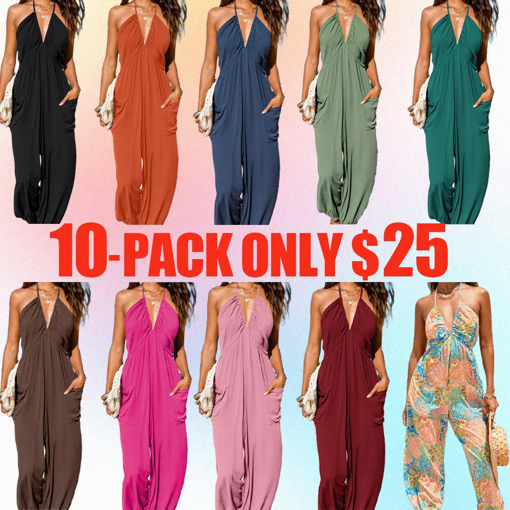 Women's Plunge Halter Jumpsuit – Sleeveless Pleated Maxi Romper with Pockets
